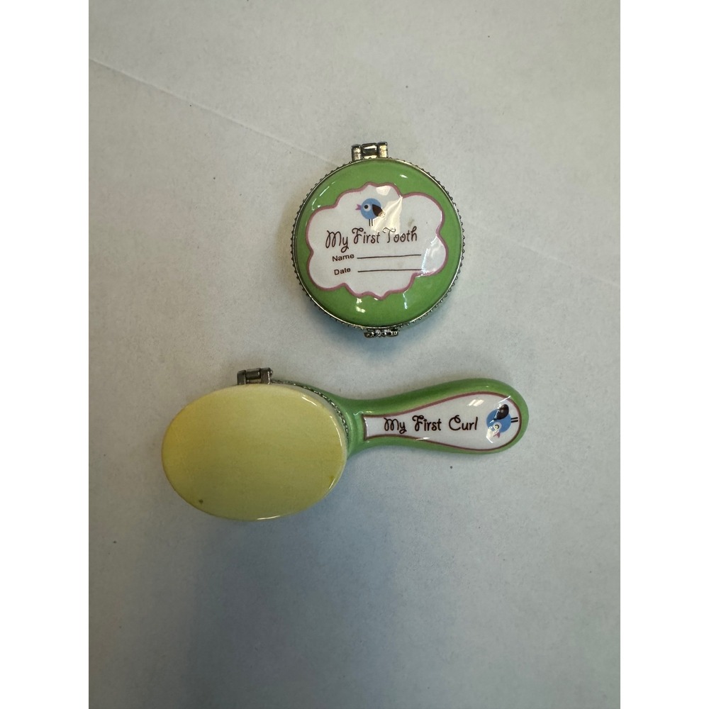 Avon My First Tooth and Curl Keepsake Set Green Ceramic Blue Bird FITAU3